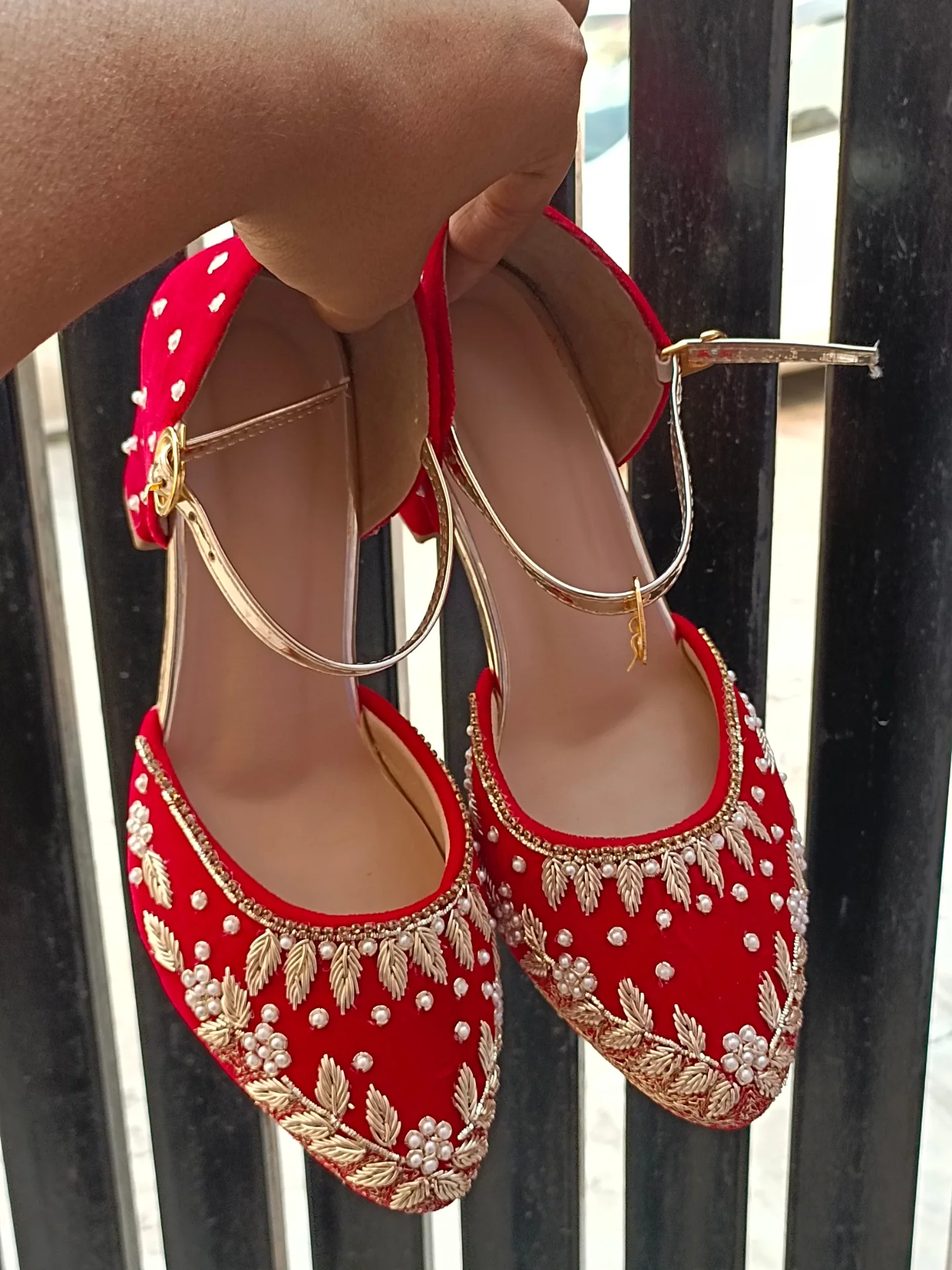 Red Embroidered Velvet Block Heel Sandals β Elegant Statement Footwear π β¨ - Image 2