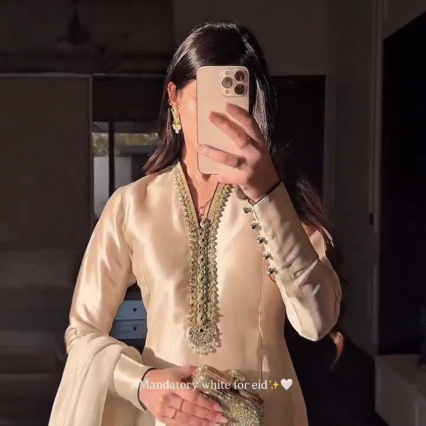 Beige Tissue & Organza Zari Embroidered Fringe Kurta Gharara Set with Split V-Neck