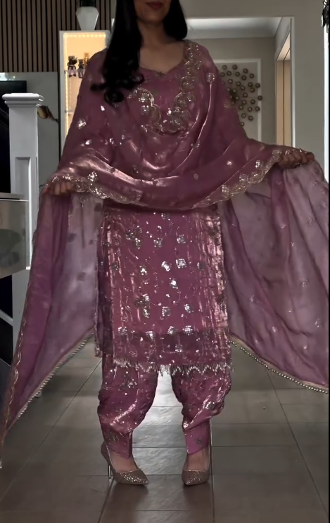 Rose-Mauve Afghani Patiala Set β Velvet Elegance with Hand Embroidery πΈβ¨ - Image 2