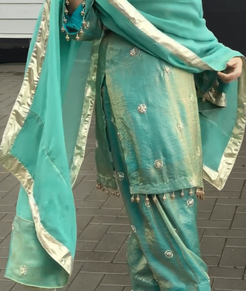 Teal & Gold Punjabi Suit – Kurta, Sharara Pants & Dupatta Set 💚✨