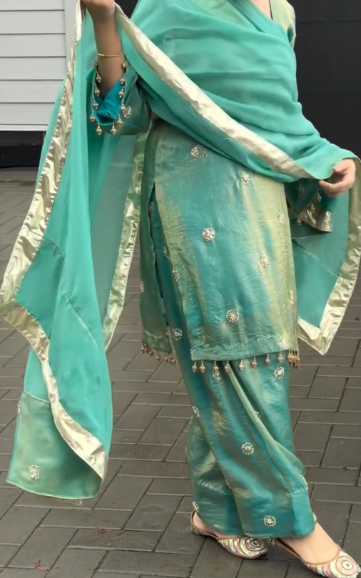 Teal & Gold Punjabi Suit β Kurta, Sharara Pants & Dupatta Set πβ¨