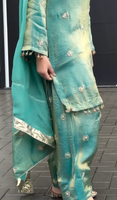 Teal & Gold Punjabi Suit β Kurta, Sharara Pants & Dupatta Set πβ¨ - Image 2