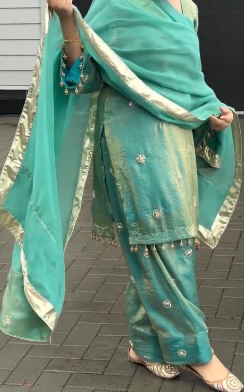 Teal & Gold Punjabi Suit β Kurta, Sharara Pants & Dupatta Set πβ¨ - Image 3