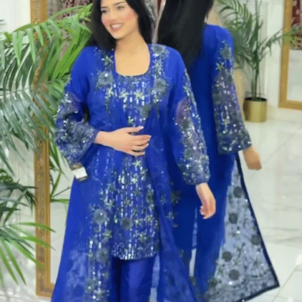 Blue Georgette & Net Resham Embroidered Kurta Pant Set – Elegant Ethnic Wear for Women