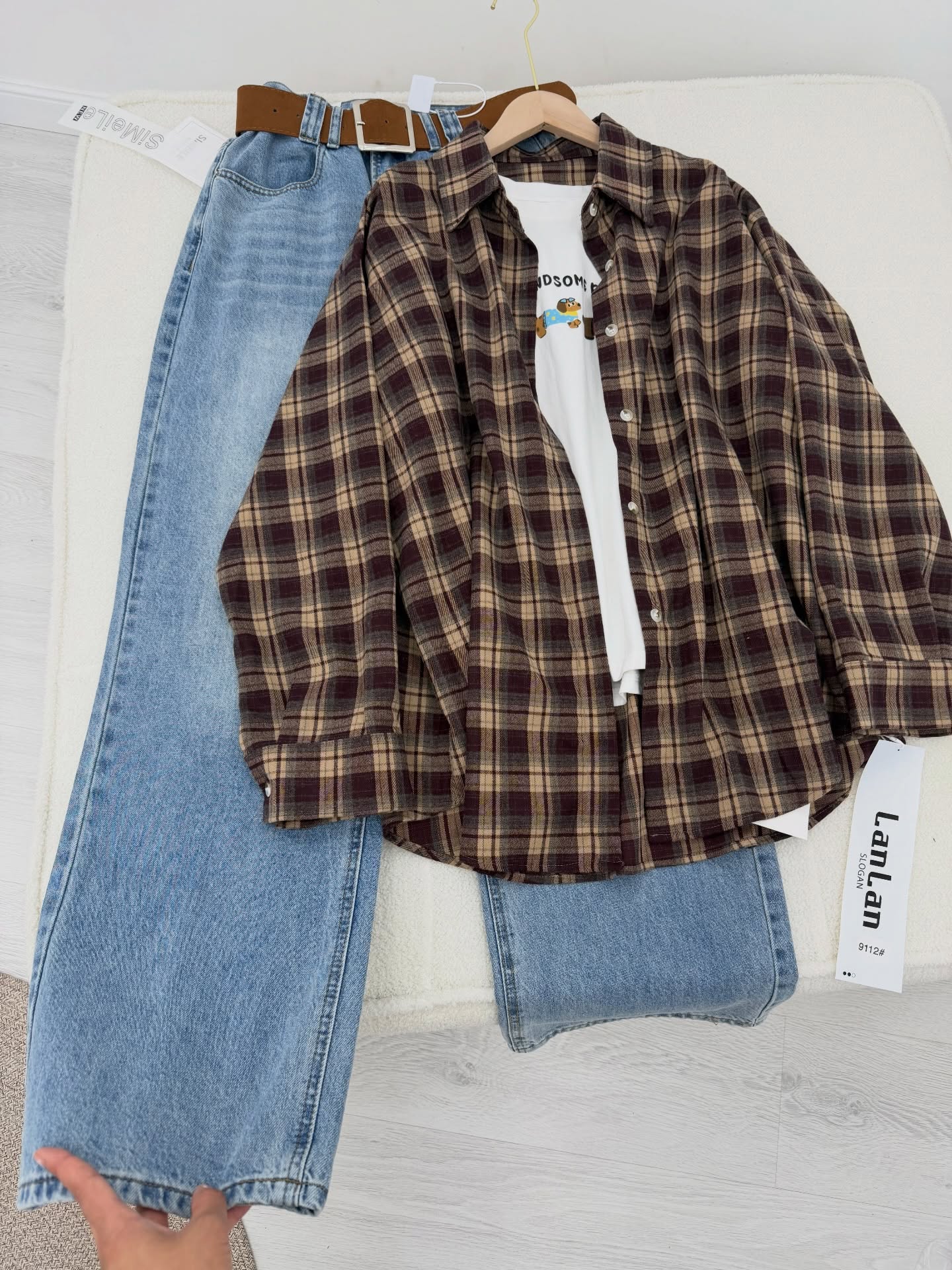 βCozy Meets Chic: Brown Plaid Flannel Shirt Jacket with Wide-Leg Jeans ππβ - Image 5