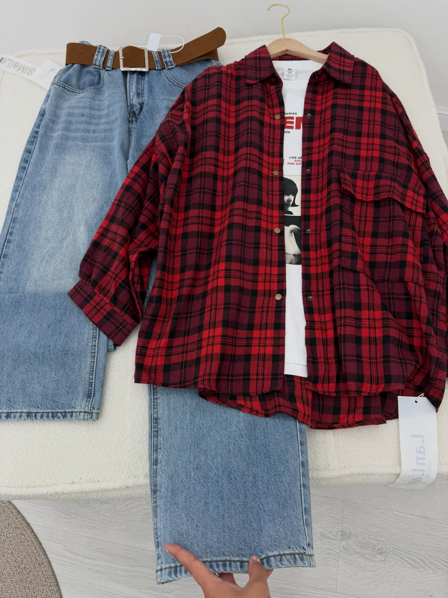 βCozy Meets Chic: Brown Plaid Flannel Shirt Jacket with Wide-Leg Jeans ππβ - Image 3