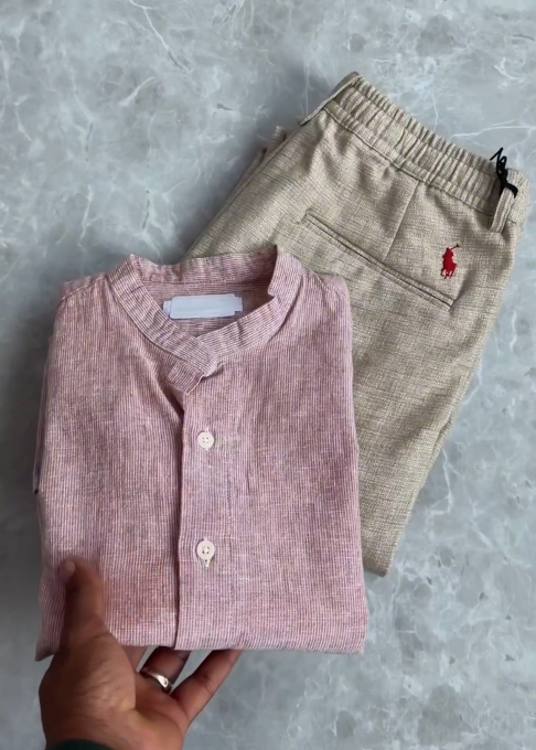 πΏ Minimalist Elegance: Korean Linen Mandarin Collar Shirt with Premium Linen Trousers π - Image 2