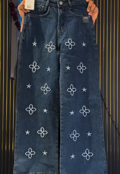 πβ¨ Trendy Dark Wash Wide-Leg Denim Jeans with White Floral & Star Embroidery πΈβ
