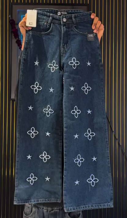 πβ¨ Trendy Dark Wash Wide-Leg Denim Jeans with White Floral & Star Embroidery πΈβ