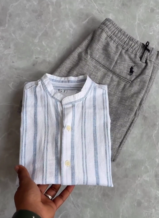 πΏ Minimalist Elegance: Korean Linen Mandarin Collar Shirt with Premium Linen Trousers π - Image 4