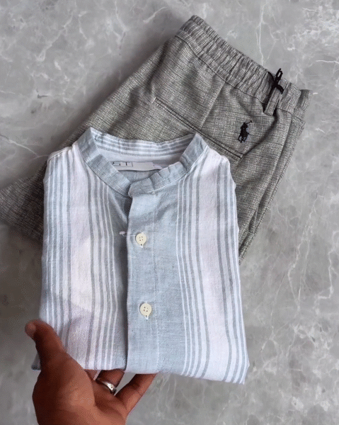 🌿 Minimalist Elegance: Korean Linen Mandarin Collar Shirt with Premium Linen Trousers 👔