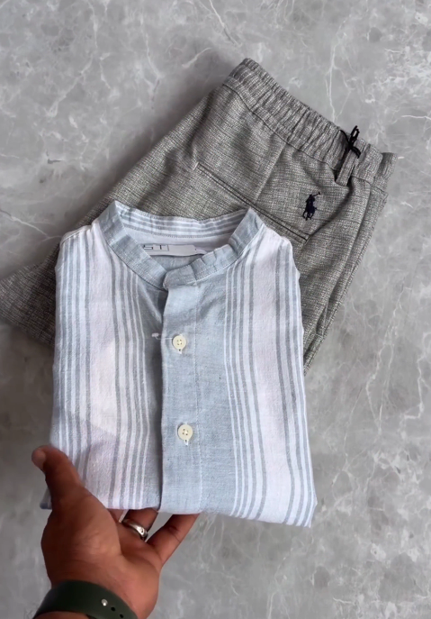 πΏ Minimalist Elegance: Korean Linen Mandarin Collar Shirt with Premium Linen Trousers π