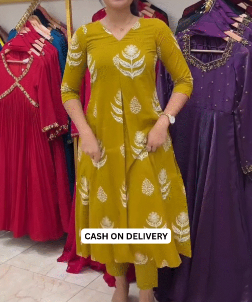 🌸 Floral Printed Panelled Pure Cotton Anarkali Kurta with Trousers & Dupatta – Timeless Grace in Every Detail