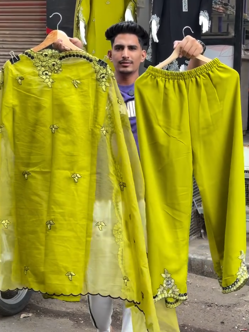 π Lime Green Embroidered Kurta Set with Palazzo Pants & Dupatta β Fresh, Festive & Effortlessly Elegant β¨ - Image 2