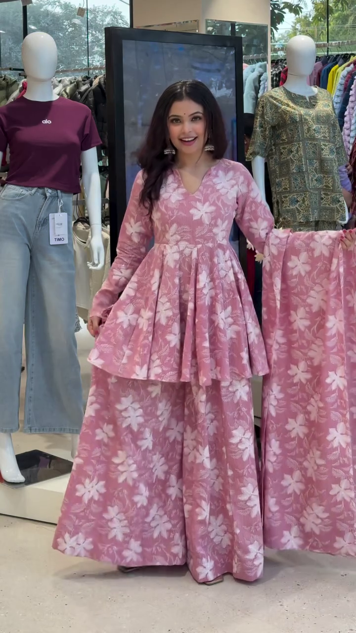 ๐ธ Pink Floral Printed Peplum Sharara Set โ A Celebration of Grace & Glam ๐ธ - Image 4