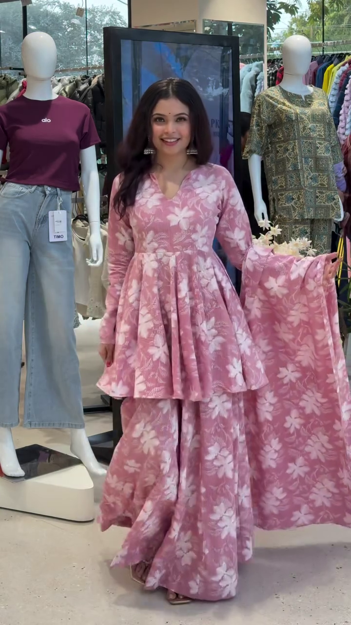 ๐ธ Pink Floral Printed Peplum Sharara Set โ A Celebration of Grace & Glam ๐ธ - Image 3