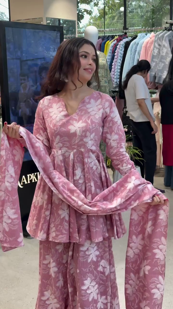 ๐ธ Pink Floral Printed Peplum Sharara Set โ A Celebration of Grace & Glam ๐ธ - Image 2