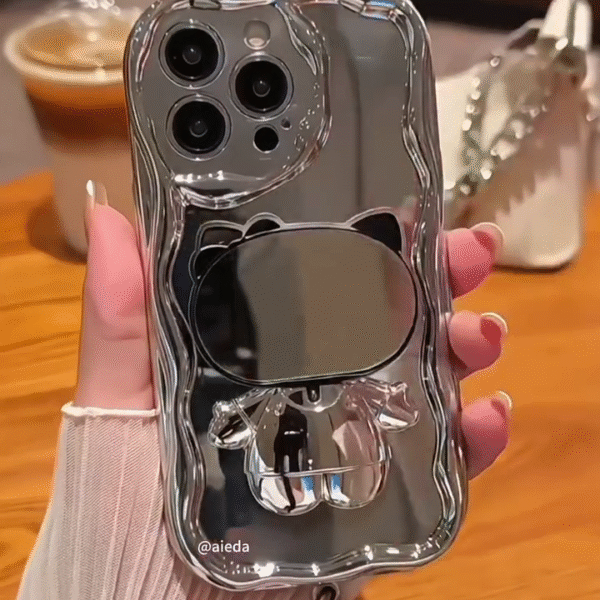 ✨ Silver Electroplated Phone Case with 3D Cat/Bunny Mirror Bracket & Wrist Strap ✨