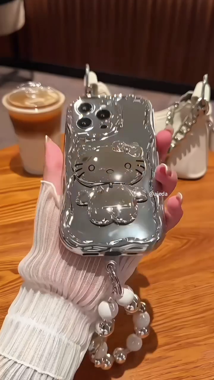 ✨ Silver Electroplated Phone Case with 3D Cat/Bunny Mirror Bracket & Wrist Strap ✨ - Image 3