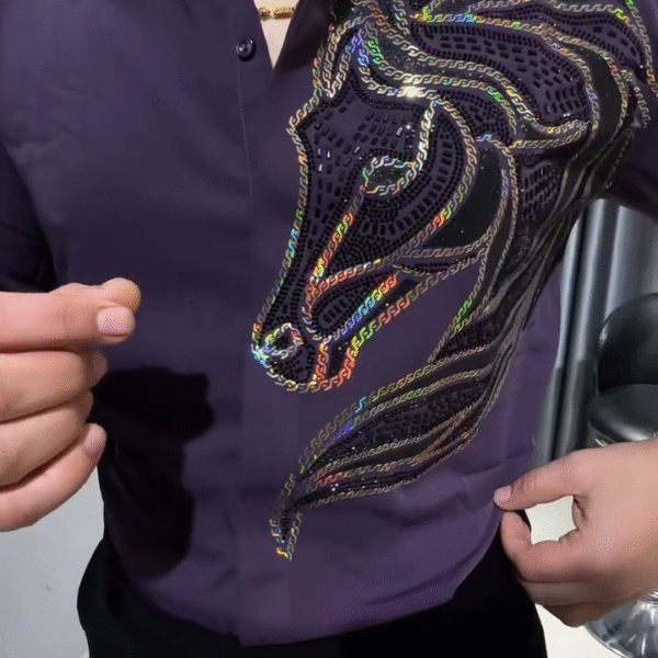 💜 Purple Satin Cotton Shirt with Horse Embroidery – Bold, Refined & Effortlessly Stylish 🐎