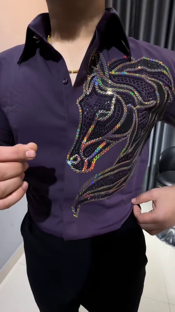 π Purple Satin Cotton Shirt with Horse Embroidery β Bold, Refined & Effortlessly Stylish π
