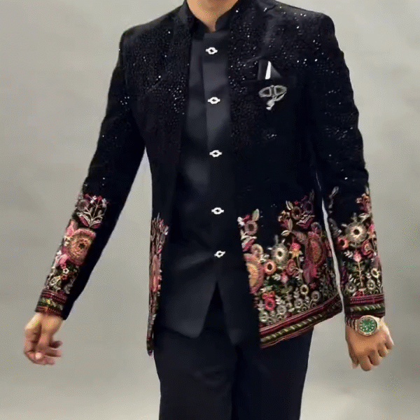 🖤 Black Velvet Jodhpuri Suit / Bandhgala Jacket – Regal Elegance with Multicolor Floral Embroidery ✨