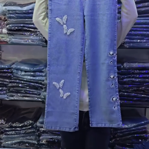 🦋 Light Blue Wide-Leg Denim Jeans – Butterfly & Floral Embroidery with Frayed Hem ✨