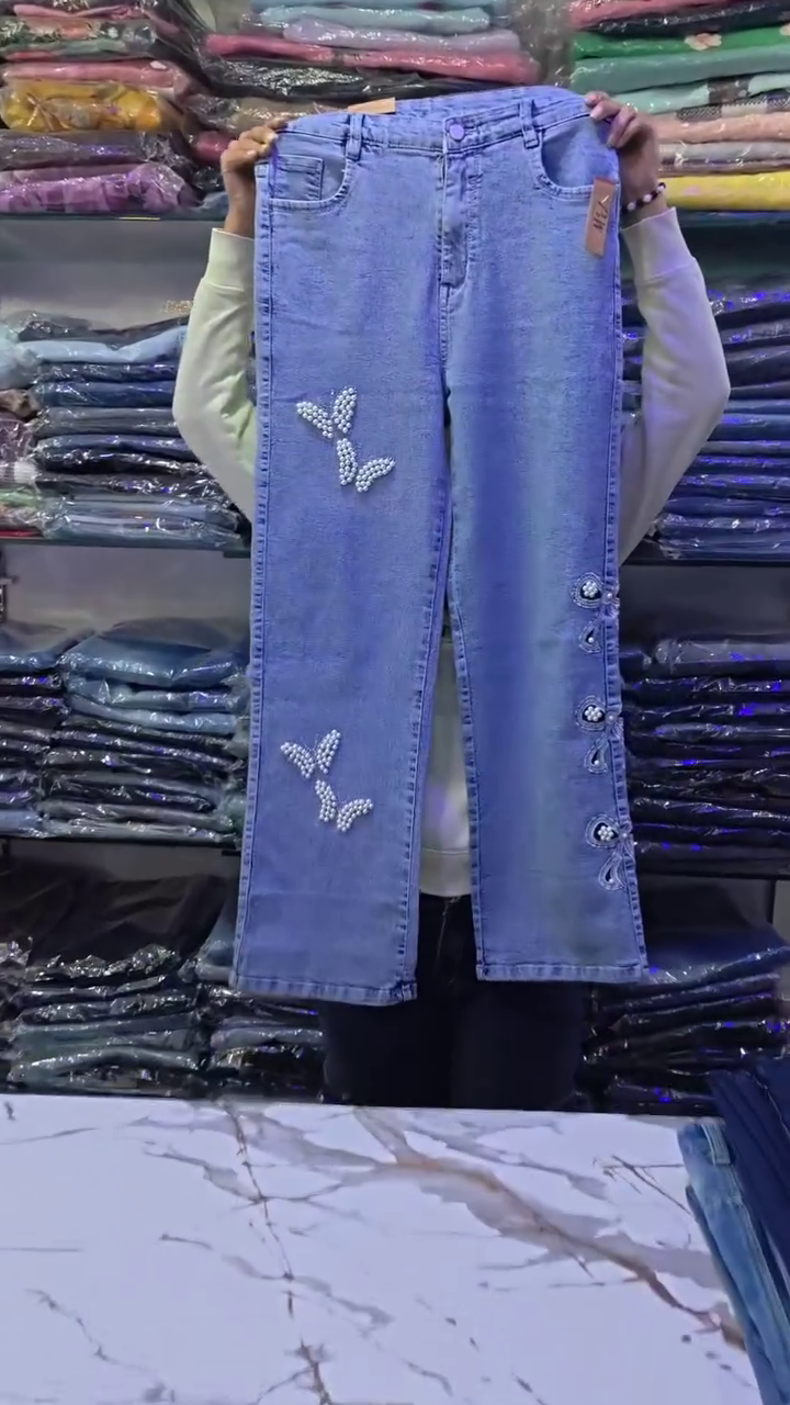 π¦ Light Blue Wide-Leg Denim Jeans β Butterfly & Floral Embroidery with Frayed Hem β¨