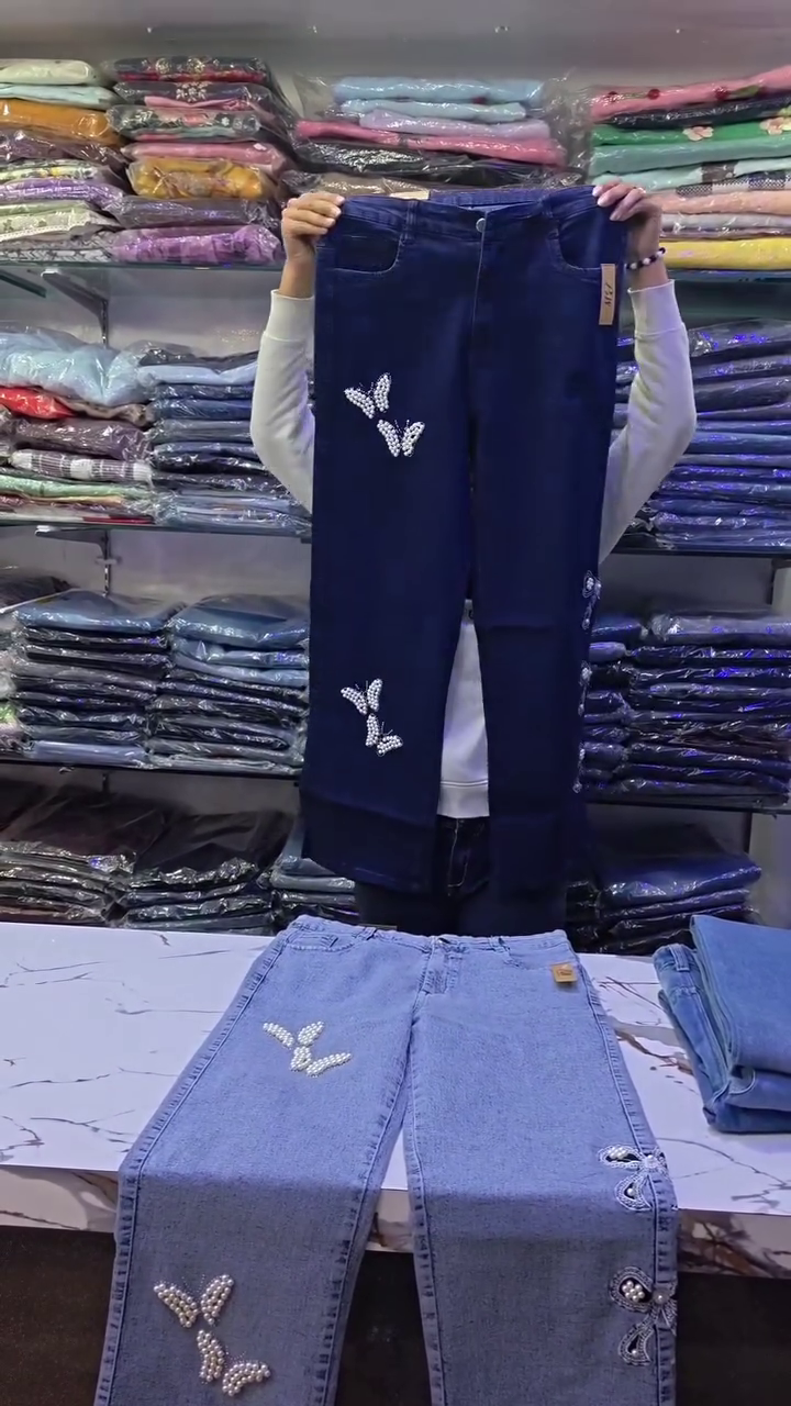 π¦ Light Blue Wide-Leg Denim Jeans β Butterfly & Floral Embroidery with Frayed Hem β¨ - Image 2