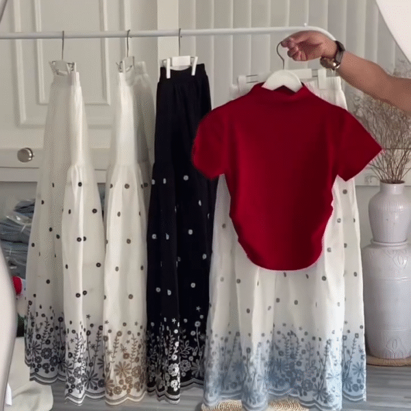 🔥 Chic & Effortless: Red Short-Sleeved Top with White Skirt Western Wear Outfit 👗