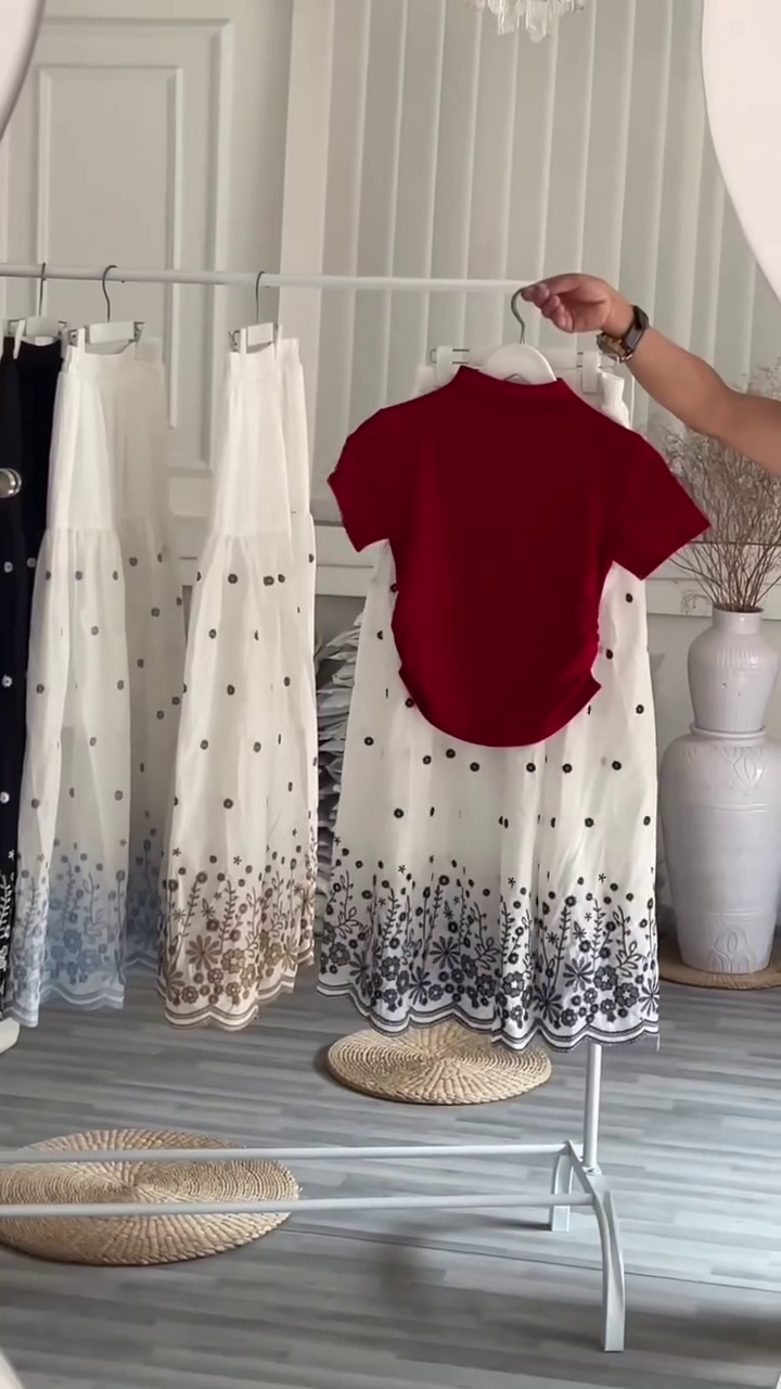 π₯ Chic & Effortless: Red Short-Sleeved Top with White Skirt Western Wear Outfit π - Image 3