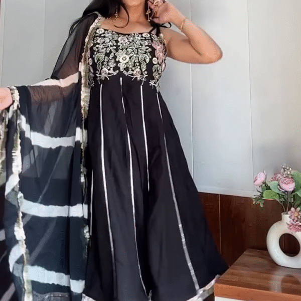 🖤 Elegant Ensemble: Black Embroidered Cotton A-Line Kurta with Dhoti Pant & Dupatta Set ✨