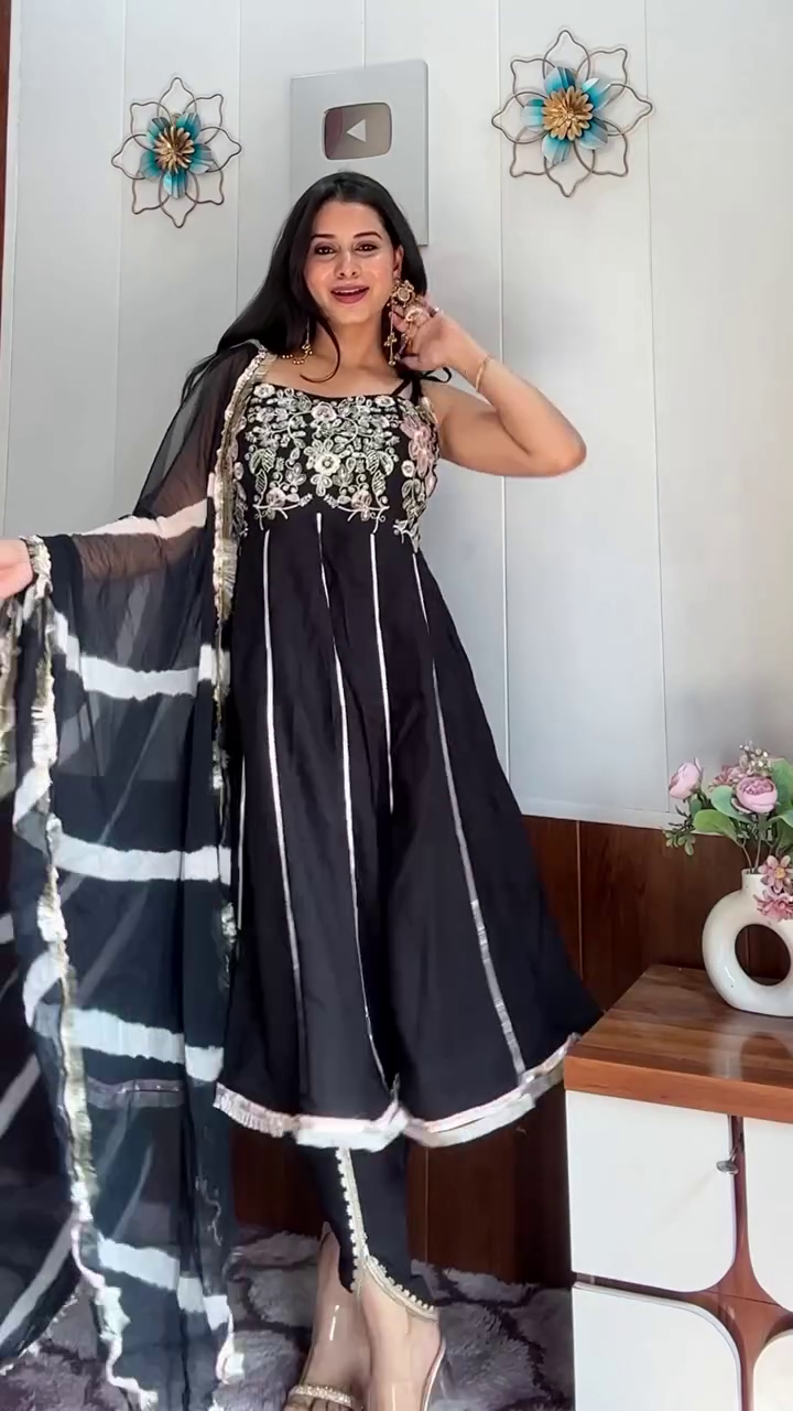 π€ Elegant Ensemble: Black Embroidered Cotton A-Line Kurta with Dhoti Pant & Dupatta Set β¨