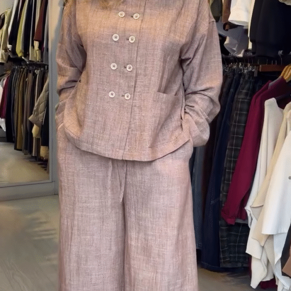 🤍 Women’s 2-Piece Linen Lounge Set – Long Sleeve Stand Collar Ruffle Shirt & Wide Leg Pants