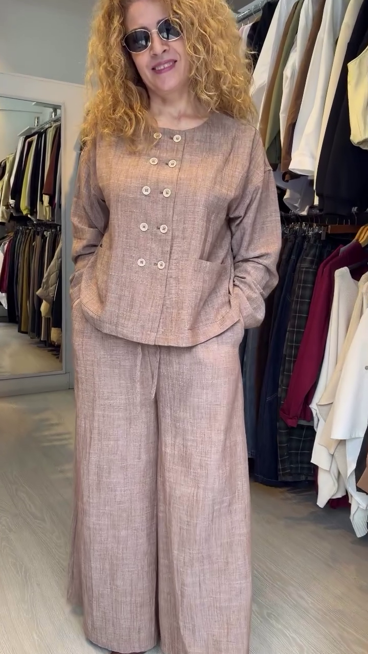 🤍 Women’s 2-Piece Linen Lounge Set – Long Sleeve Stand Collar Ruffle Shirt & Wide Leg Pants