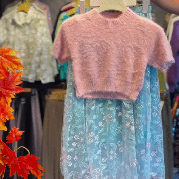 💗 Fluffy Knit Pink Crop Top with Skirt – Soft Glam Meets Playful Chic