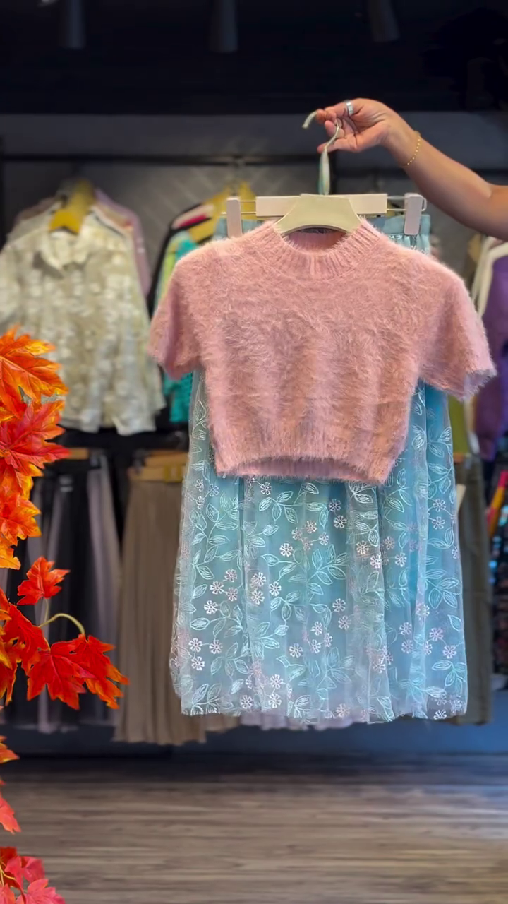 π Fluffy Knit Pink Crop Top with Skirt β Soft Glam Meets Playful Chic