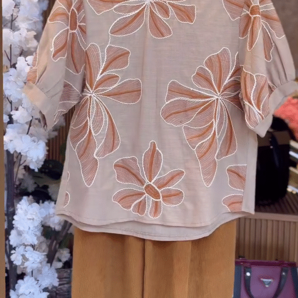 🌿 Beige Floral Embroidered Top with Brown Pants – Elegant Everyday Ensemble