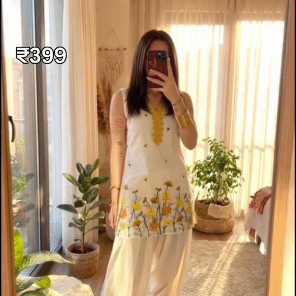 Floral Embroidered V-Neck Cotton Kurta with Patiala – Classic Comfort Meets Ethnic Elegance