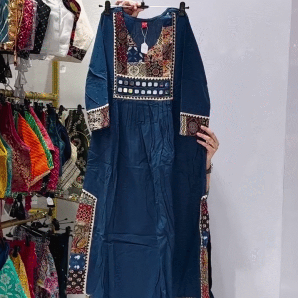 Blue Cotton Kurta with Mirror & Ajrakh-Inspired Patchwork – Ethnic Elegance Redefined