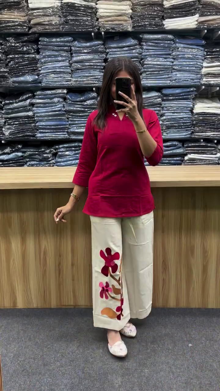 Elegant Pure Cotton Shawl Neck Tunic with Palazzo Co-Ord Set – Effortless Style & Comfort - Image 2