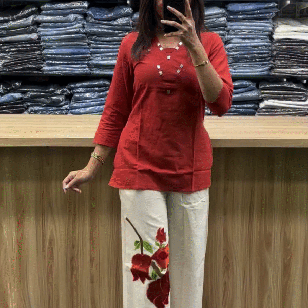 Elegant Pure Cotton Shawl Neck Tunic with Palazzo Co-Ord Set – Effortless Style & Comfort