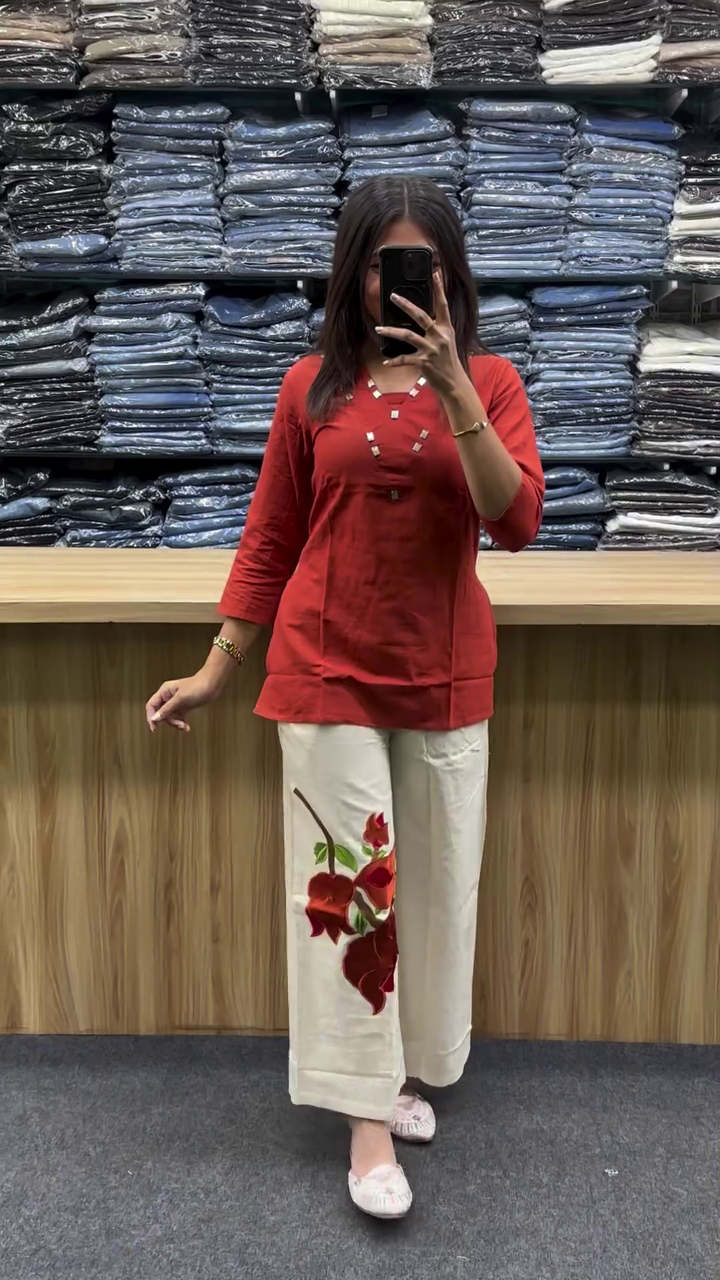 Elegant Pure Cotton Shawl Neck Tunic with Palazzo Co-Ord Set – Effortless Style & Comfort
