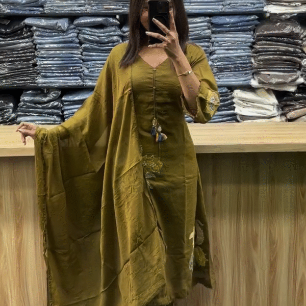 Olive Green Kurti Set with Palazzo and Dupatta – Elegant Ethnic Ensemble for Every Occasion