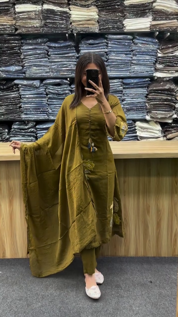 Olive Green Kurti Set with Palazzo and Dupatta – Elegant Ethnic Ensemble for Every Occasion
