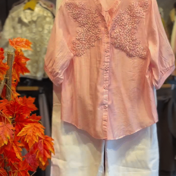 Charming Pink Floral Embroidered Shirt with White Pant – Elegant & Effortless Ethnic Style