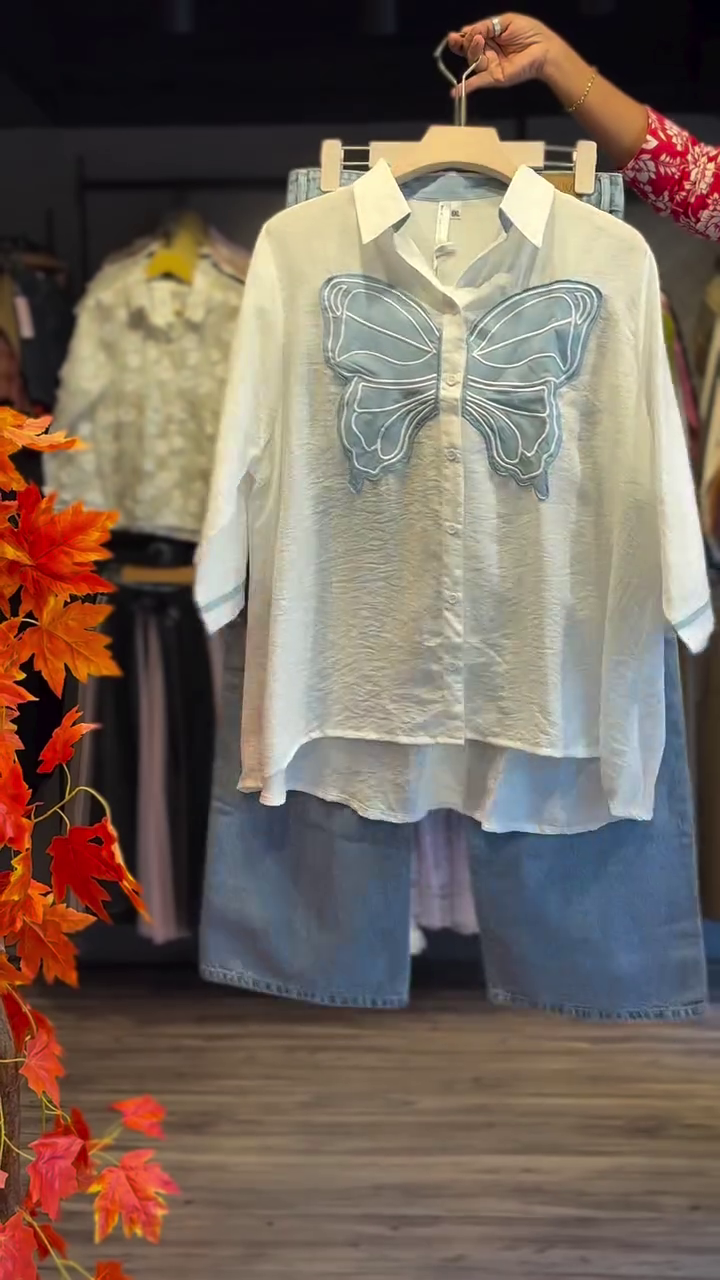 White Shirt with Blue Embroidered Butterfly – Modern Chic Meets Timeless Style