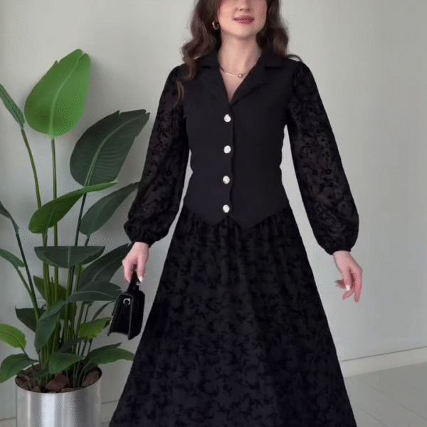 🖤 Noir Elegance Embroidered Maxi Dress Set 🖤