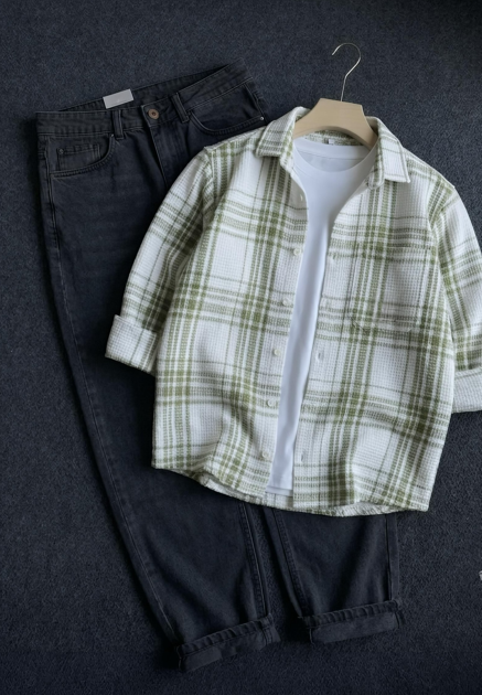 π€ Effortless Style: Checkered Shirt with Charcoal-Gray Denim Combo π€