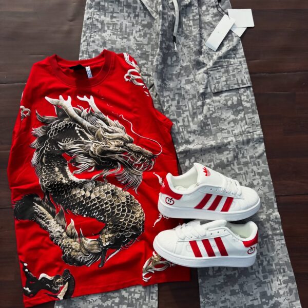 🔥 Fierce Street Style: Dragon Tee with Camo Cargos & White Sneakers 🔥